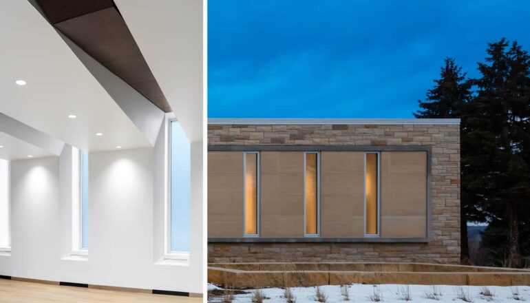 Two views of restored multifaith center windows.