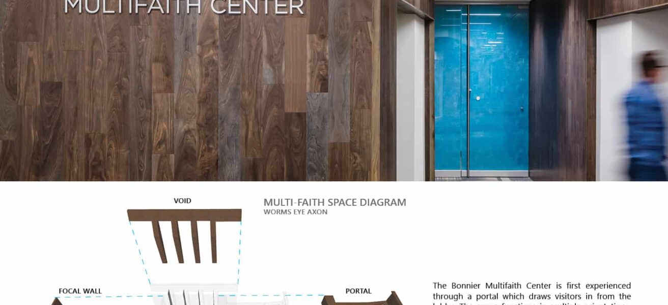 An axonometric diagram describes the entry to the multifaith center.