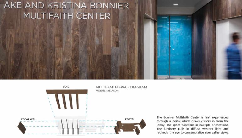 An axonometric diagram describes the entry to the multifaith center.