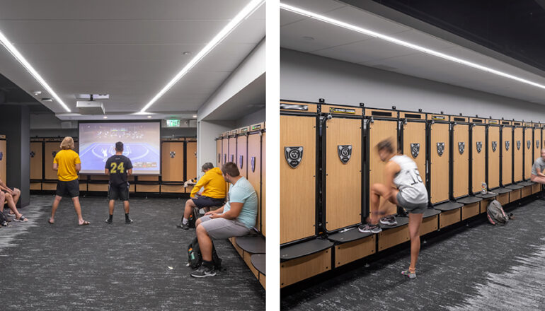Side by side photos of two teams in the new Lund Center locker rooms