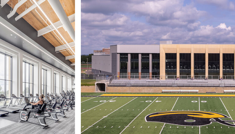 Side by side photos of the interior cardio area and the exterior view to the football field from the Lund Center