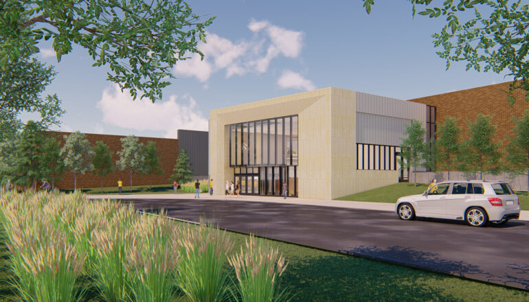Exterior rendering of the Lund Center's entry.