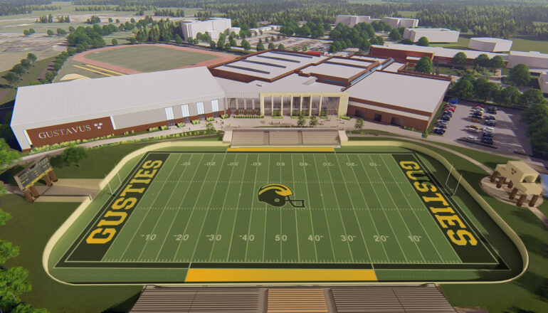Aerial rendering of the Gustavus Adolphus football field and stadium near the Lund Center.