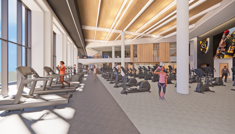 Rendering of the new cardio and field house with expansive windows and wood ceiling.