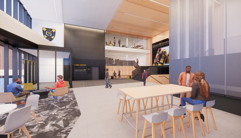 Rendering of the Lund Center's south entry with drop-in workstations.