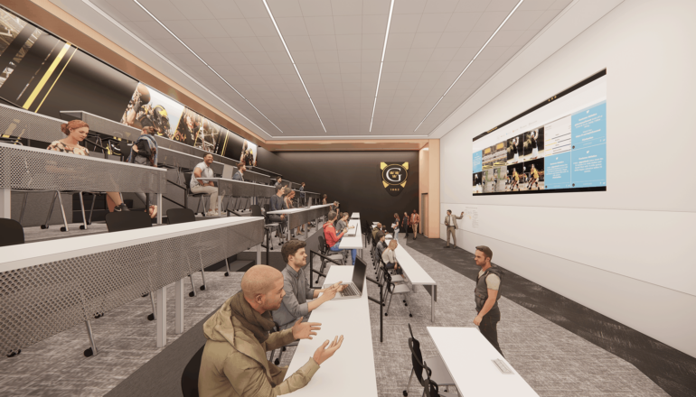Rendering of the Lund Center's lecture room with school branding elements.