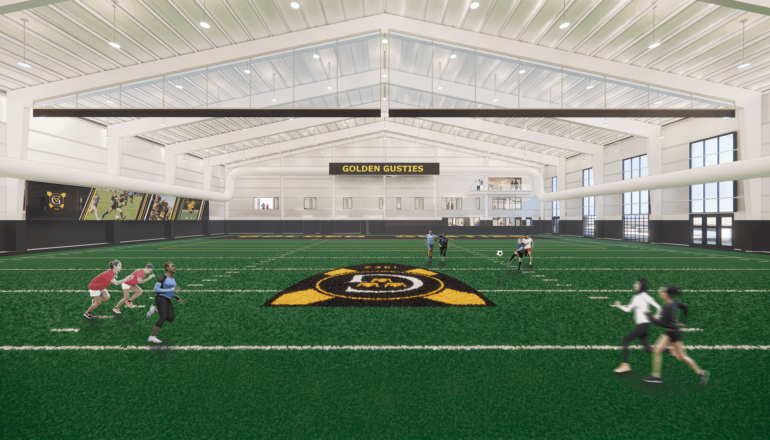 Rendering of the new fieldhouse with branded field elements.