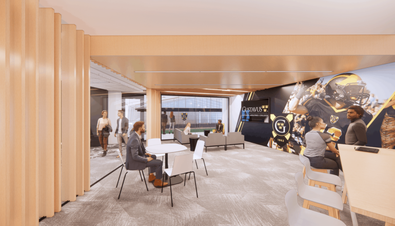 Rendering of the Lund Center's recruiting office with branded wall graphics.