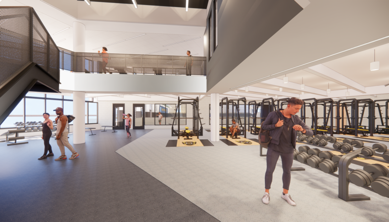 Rendering of a double-height weights facility.