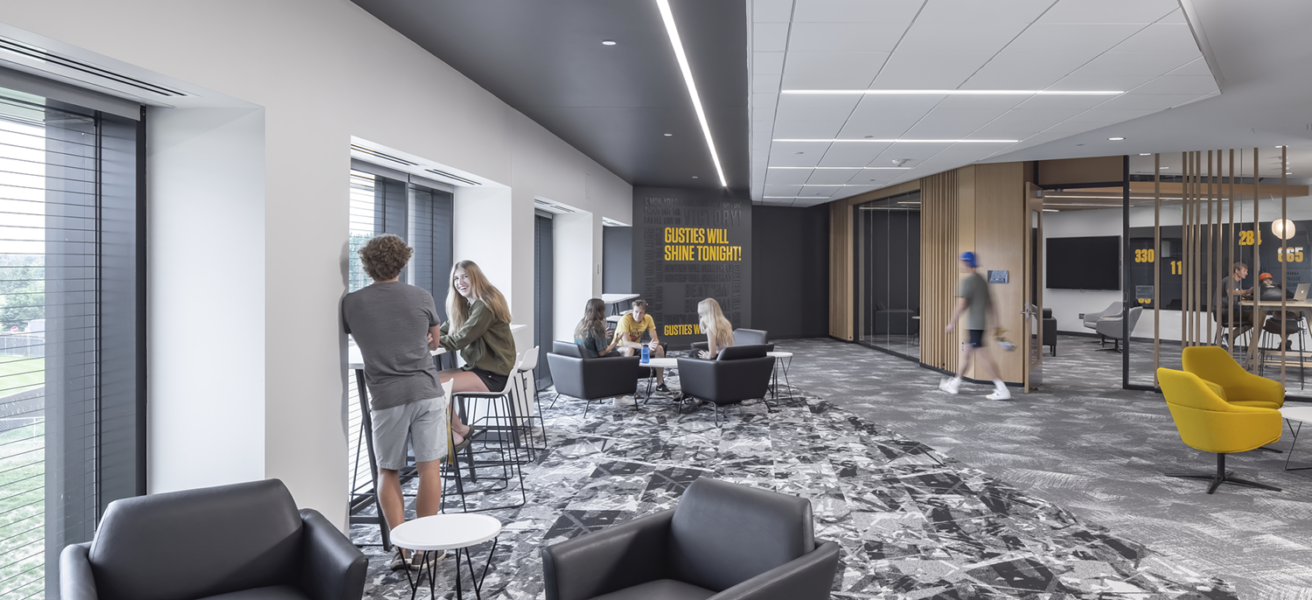 Students gather and study in the Gustavus-branded mezzanine common area