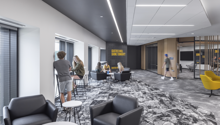 Students gather and study in the Gustavus-branded mezzanine common area