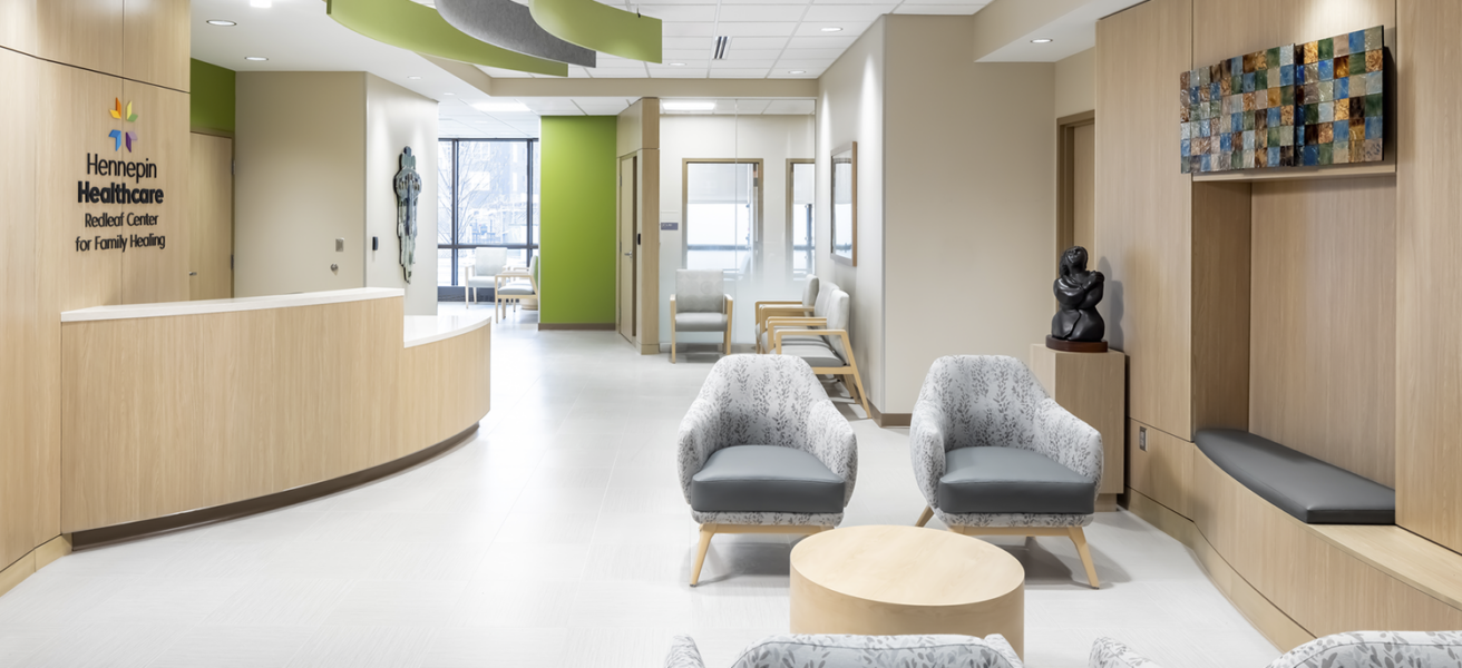 The waiting area in the Redleaf Center features a soothing color palette and lots of comfortable waiting chairs with access to natural daylight