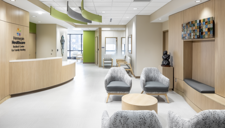 The waiting area in the Redleaf Center features a soothing color palette and lots of comfortable waiting chairs with access to natural daylight