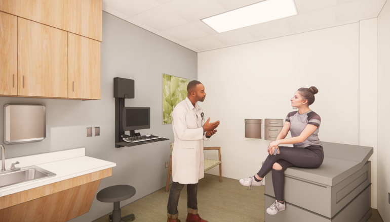 A rendering of a patient and doctor talking in a new clinic exam room