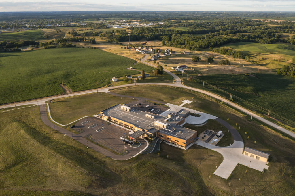 An aerial drone photo of the new JCRHC campus.