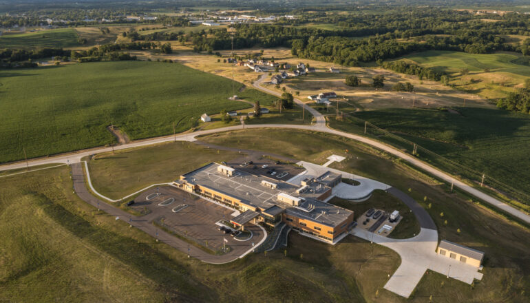 An aerial drone photo of the new JCRHC campus.