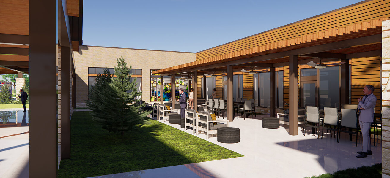 A rendering of the Liberty Dayton patio and outdoor seating area