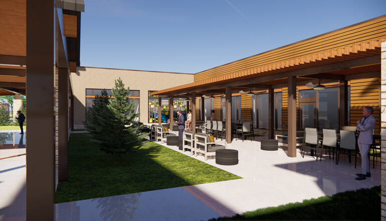 A rendering of the Liberty Dayton patio and outdoor seating area