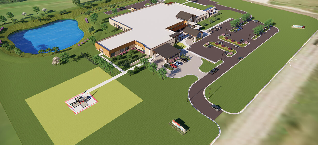 An aerial rendering of the replacement Liberty Dayton Regional Medical Center campus, complete with helipad