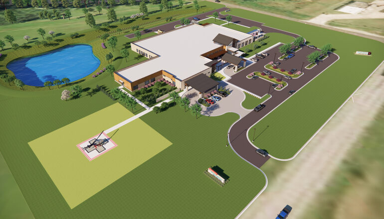 An aerial rendering of the replacement Liberty Dayton Regional Medical Center campus, complete with helipad