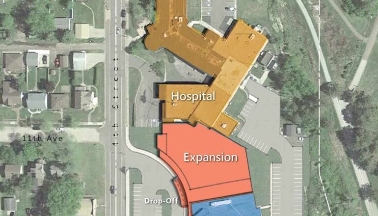 A site plan of the Lake View campus shows the addition between the existing hospital and clinic facilities.