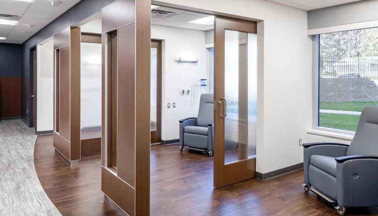 A new infusion space offers options for shared or private infusion.