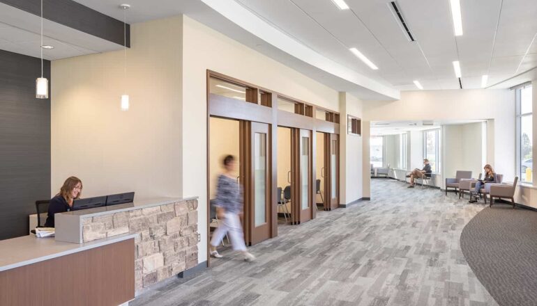 The new welcome desk offers a spacious waiting area and private check-in rooms.