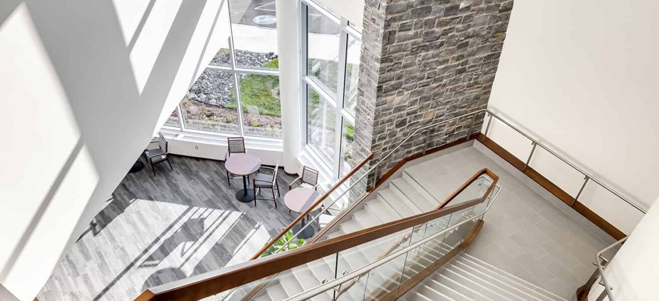 Looking down into the new wrapping stairwell leading to the hospital.