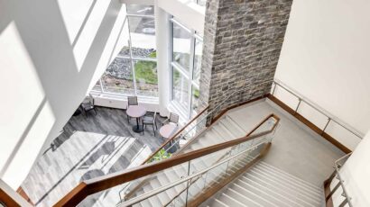 Looking down into the new wrapping stairwell leading to the hospital.