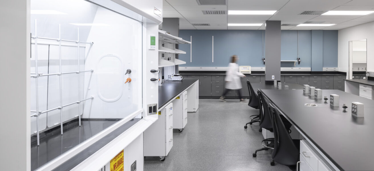 A person walks through the remodeled Lifecore quality control lab.