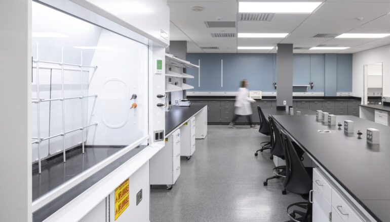 A person walks through the remodeled Lifecore quality control lab.