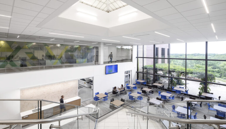 View from the top of a staircase into the Lifecore lunch and breakroom area.