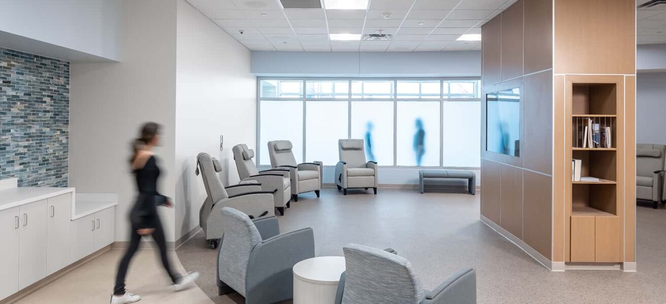Alternate view of a group therapy space near patient refreshments.