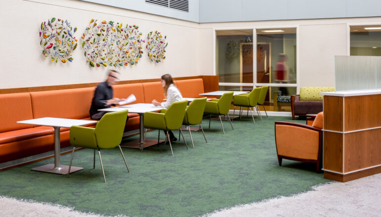 People in the "secret garden" themed Mayo Clinic psych department lobby.