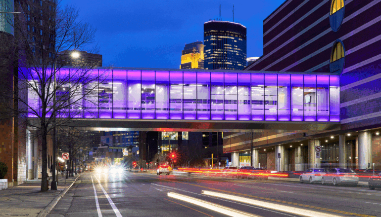 GIF image of exterior view of the color-changing skyway.