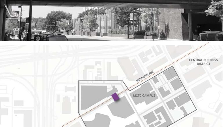 Before image of the skyway and accompanying site diagram showing proximity to downtown locations.