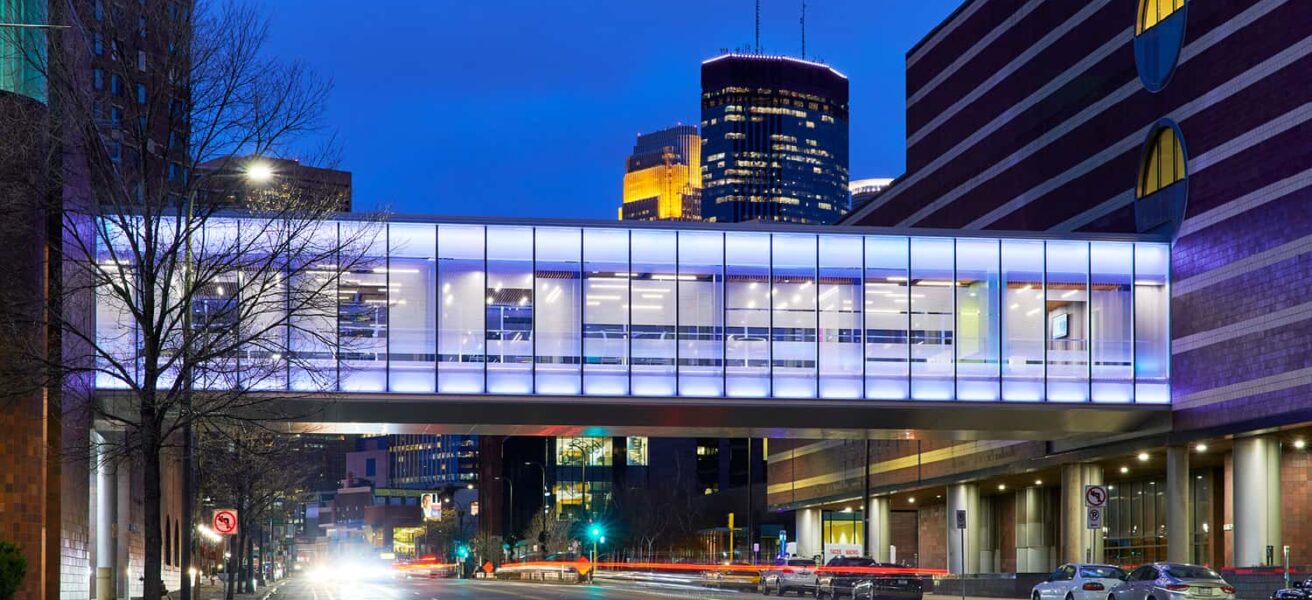 Exterior view of the MCTC skyway with the purple light effect.