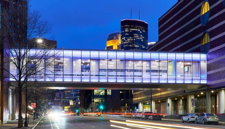 Exterior view of the MCTC skyway with the purple light effect.