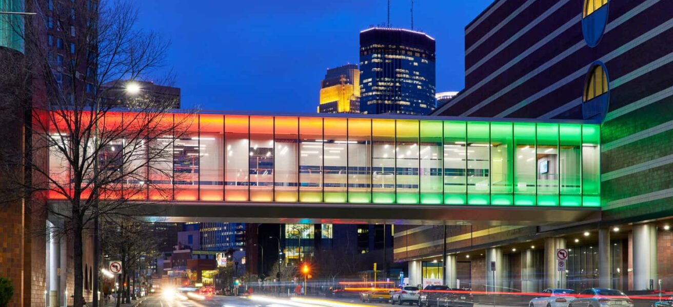 Exterior view of the MCTC skyway with the rainbow light effect.