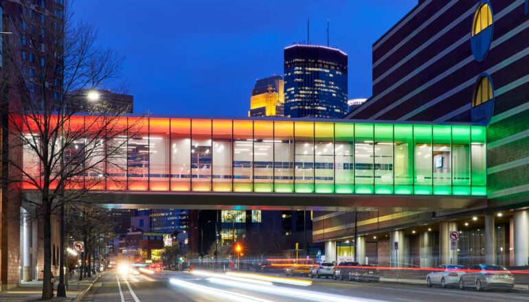 Exterior view of the MCTC skyway with the rainbow light effect.
