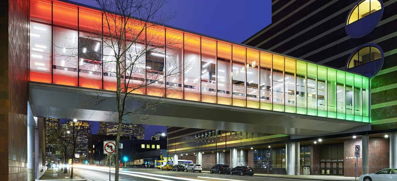 Exterior view of the MCTC skyway with the rainbow light effect.