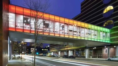 Exterior view of the MCTC skyway with the rainbow light effect.