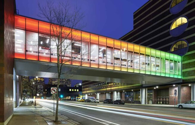 Exterior view of the MCTC skyway with the rainbow light effect.