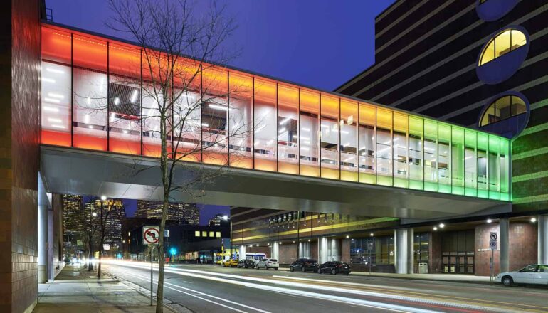 Exterior view of the MCTC skyway with the rainbow light effect.