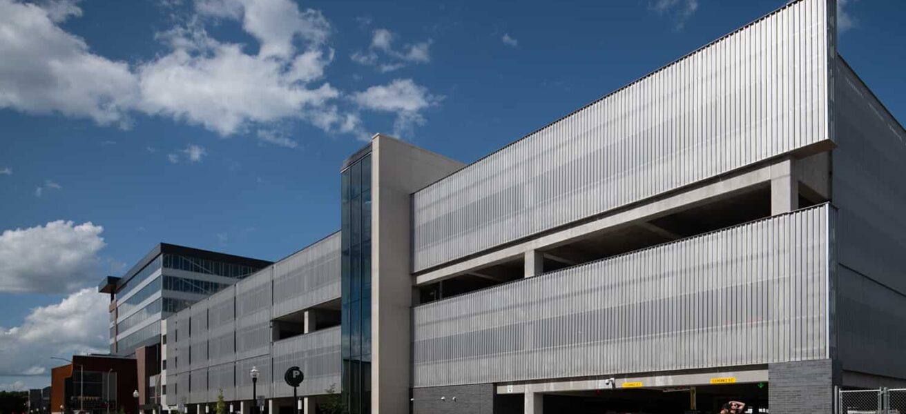 Overall exterior view of parking ramp exit.