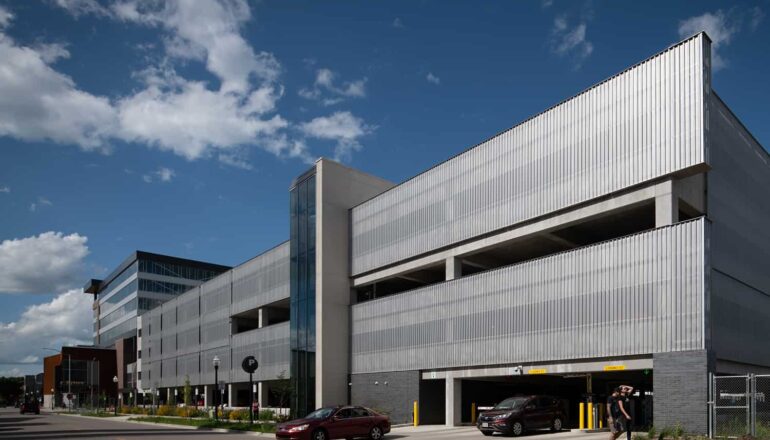 Overall exterior view of parking ramp exit.