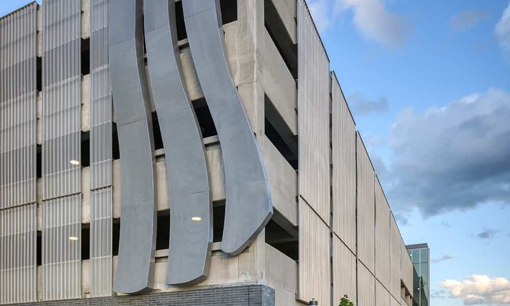 Exterior view of parking ramp walkability and artistic design.