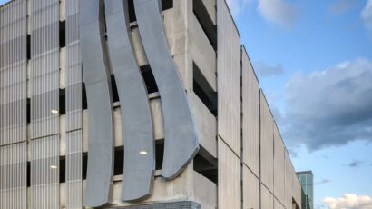 Exterior view of parking ramp walkability and artistic design.