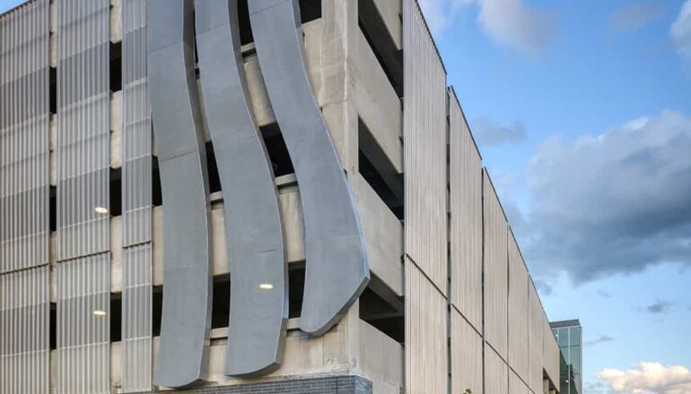 Exterior view of parking ramp walkability and artistic design.