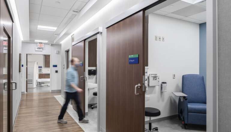 A person enters a CT prep room in the Mayo Clinic Health System in Mankato Imaging Center.